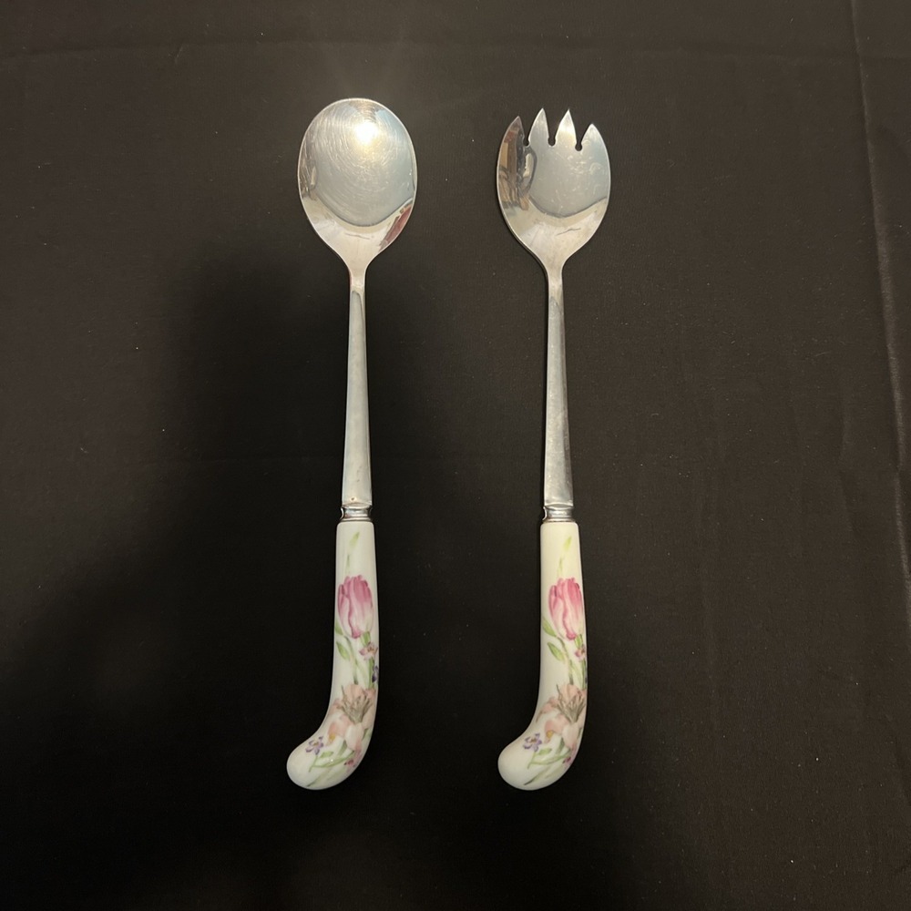 Vintage Ceramic Handle w/ Floral Design 11 inches Silver Salad Server